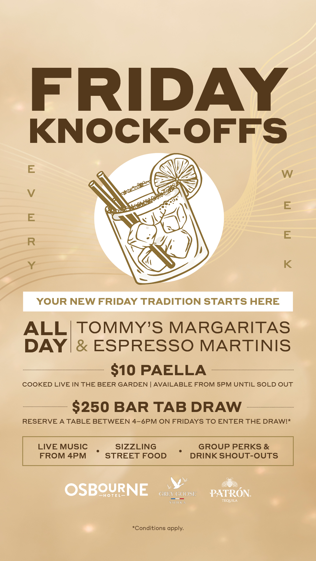 Osbourne Hotel: Friday Knockoffs, Fortitude Valley, Brisbane. $250 Bar Tab Giveaway, $10 Paella, cocktails.