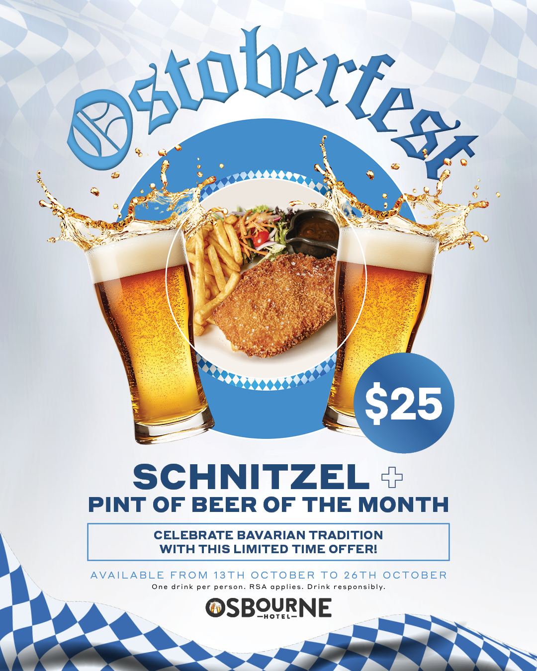Ostoberfest Brisbane: Osbourne Hotel, Fortitude Valley. Oktoberfest offer, schnitzel, beer.