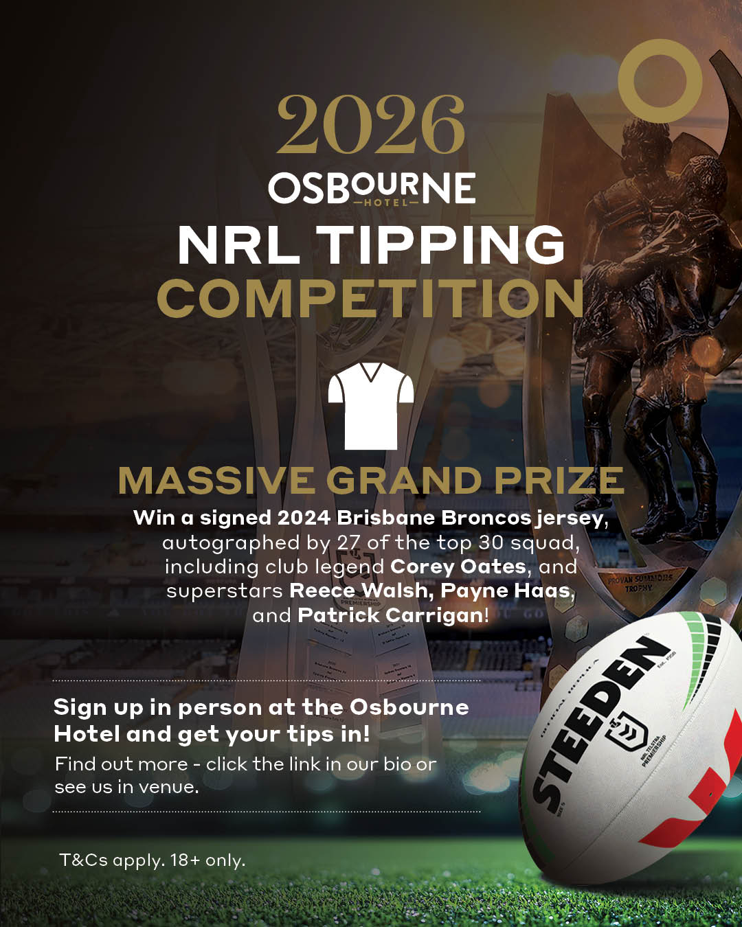 Osbourne Hotel: NRL Tipping Competition 2026, Fortitude Valley. LIVE & LOUD Sports Bar and Pub, Win a Signed Broncos Jersey.