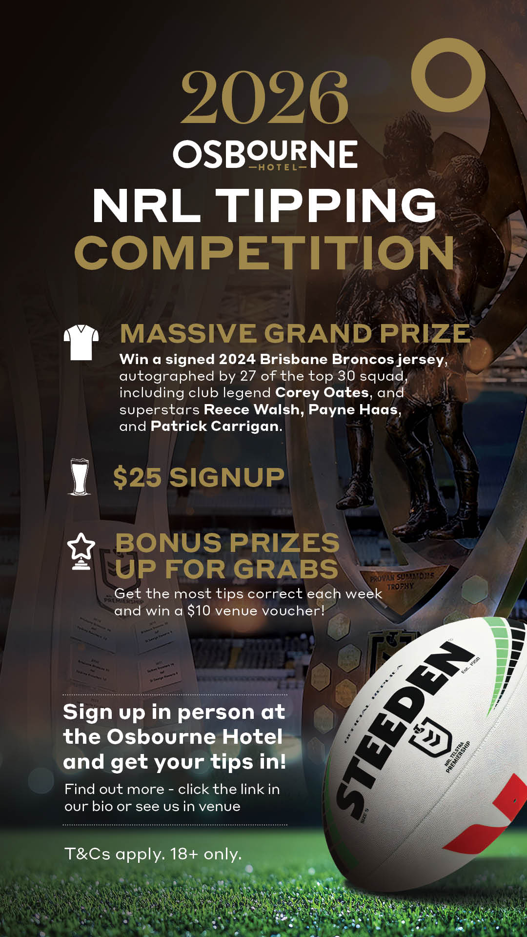 Osbourne Hotel: NRL Tipping Competition 2026, Fortitude Valley. LIVE & LOUD Sports Bar and Pub, Win a Signed Broncos Jersey.